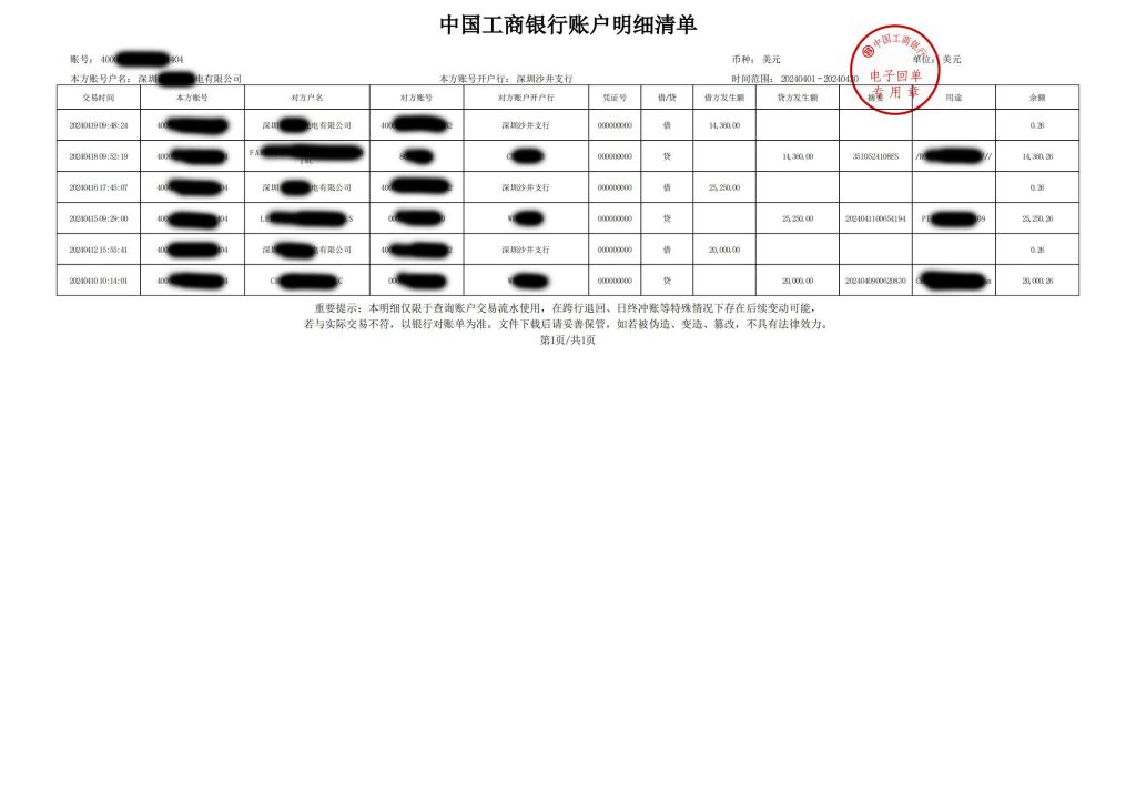 美元外汇单-2024.4月美元明细